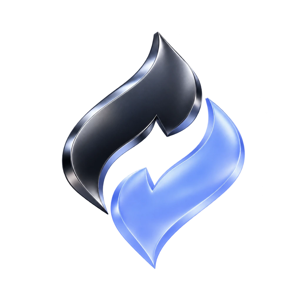 Zyron's signature mark rendered as a sculptural graphite and blue 3D form